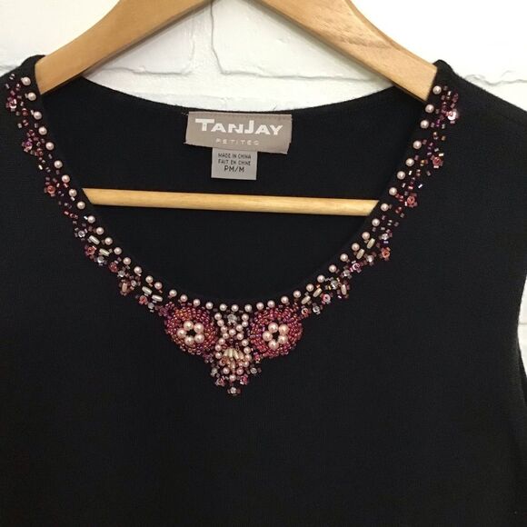 TANJAY black sleeveless top chic beaded details neckline bling medium petite - Picture 6 of 11